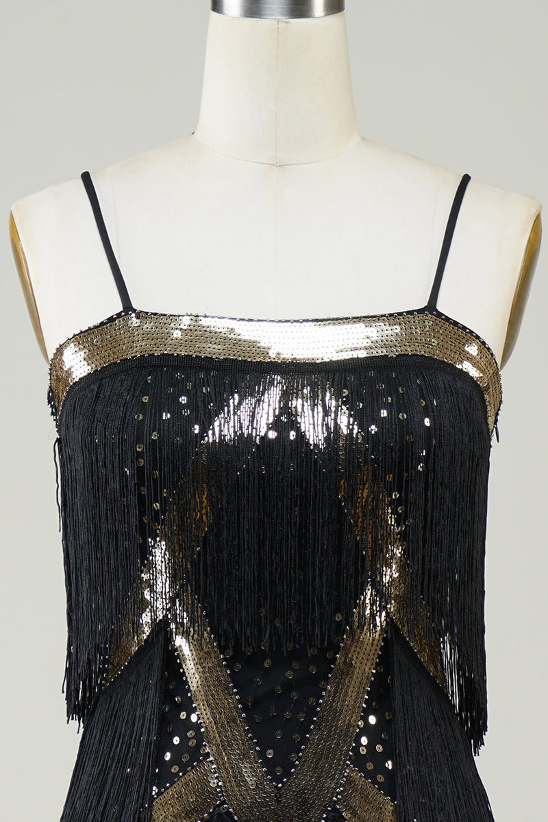 Laden Sie das Bild in den Galerie-Viewer, Schwarzes Spaghettiträger 1920er Jahre Paillettenkleid mit Fransen