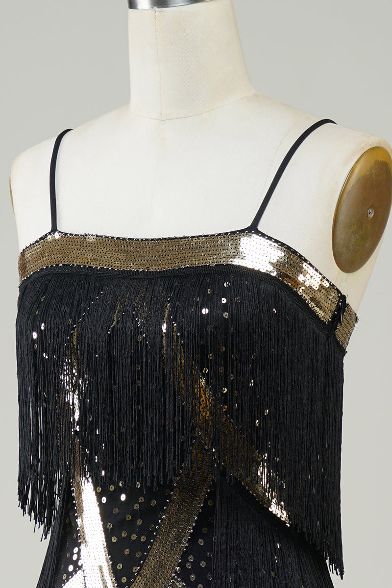 Laden Sie das Bild in den Galerie-Viewer, Schwarzes Spaghettiträger 1920er Jahre Paillettenkleid mit Fransen
