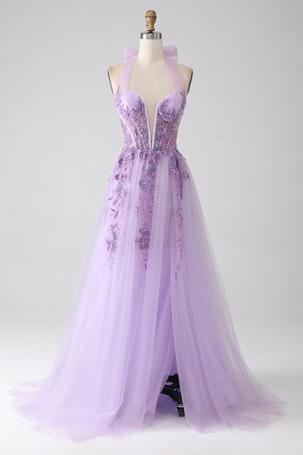 Graues Lilafarbenes A-Linien Neckholder Ballkleid mit Perlen