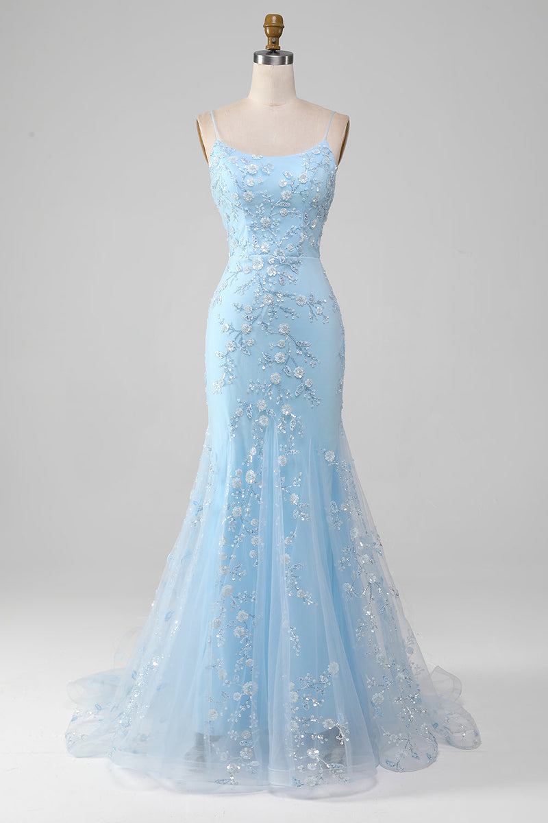 Laden Sie das Bild in den Galerie-Viewer, Meerjungfrau Erröten Spaghettiträger Ballkleid mit Applikationen