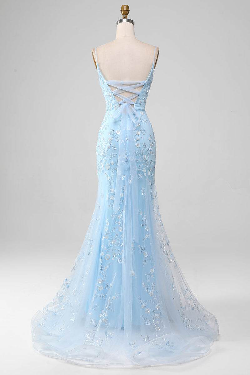 Laden Sie das Bild in den Galerie-Viewer, Meerjungfrau Erröten Spaghettiträger Ballkleid mit Applikationen