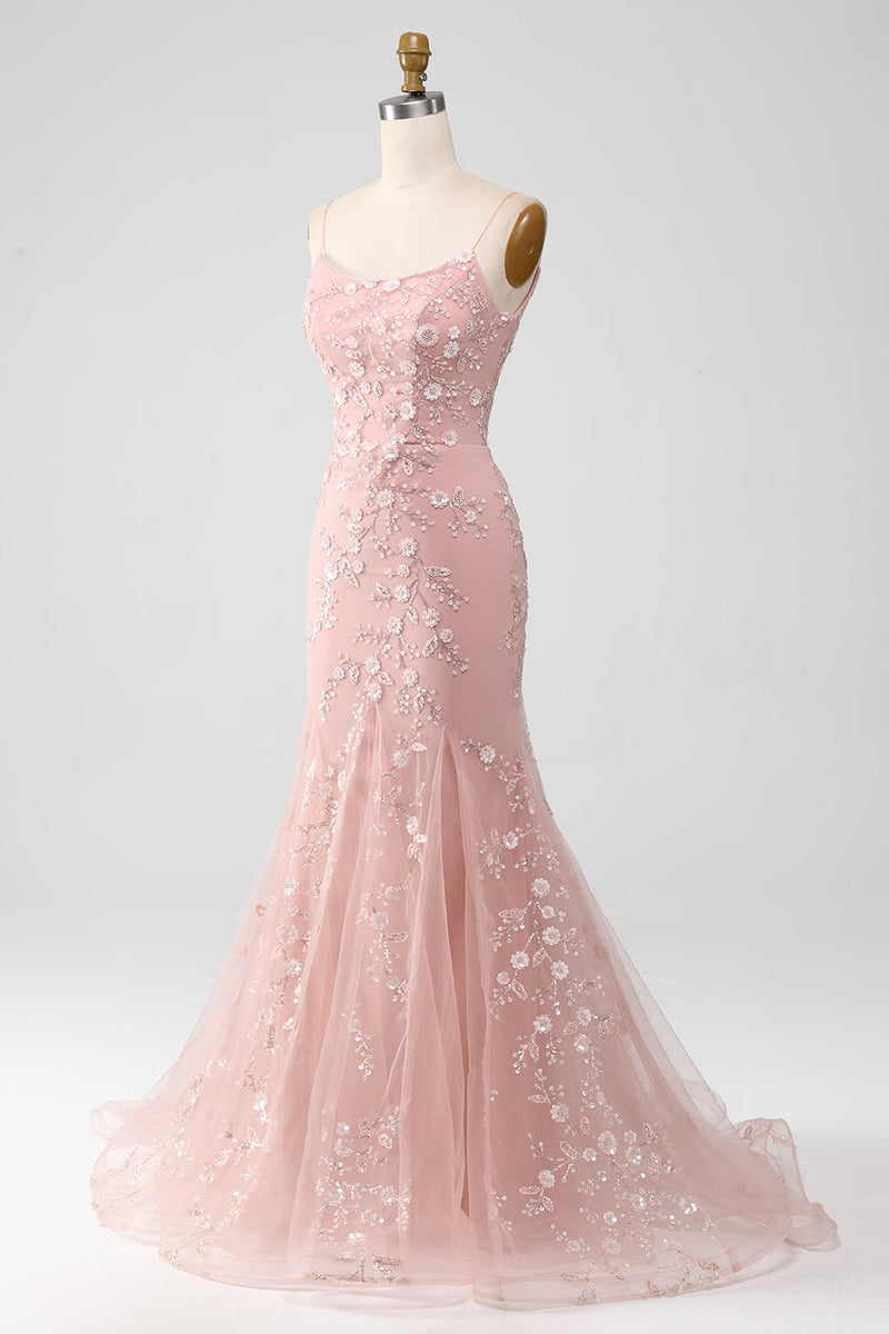 Laden Sie das Bild in den Galerie-Viewer, Meerjungfrau Erröten Spaghettiträger Ballkleid mit Applikationen
