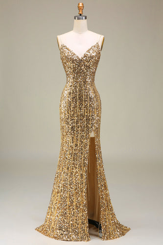 Glitzernde Goldenes Meerjungfrau Langes Ballkleid mit Schlitz