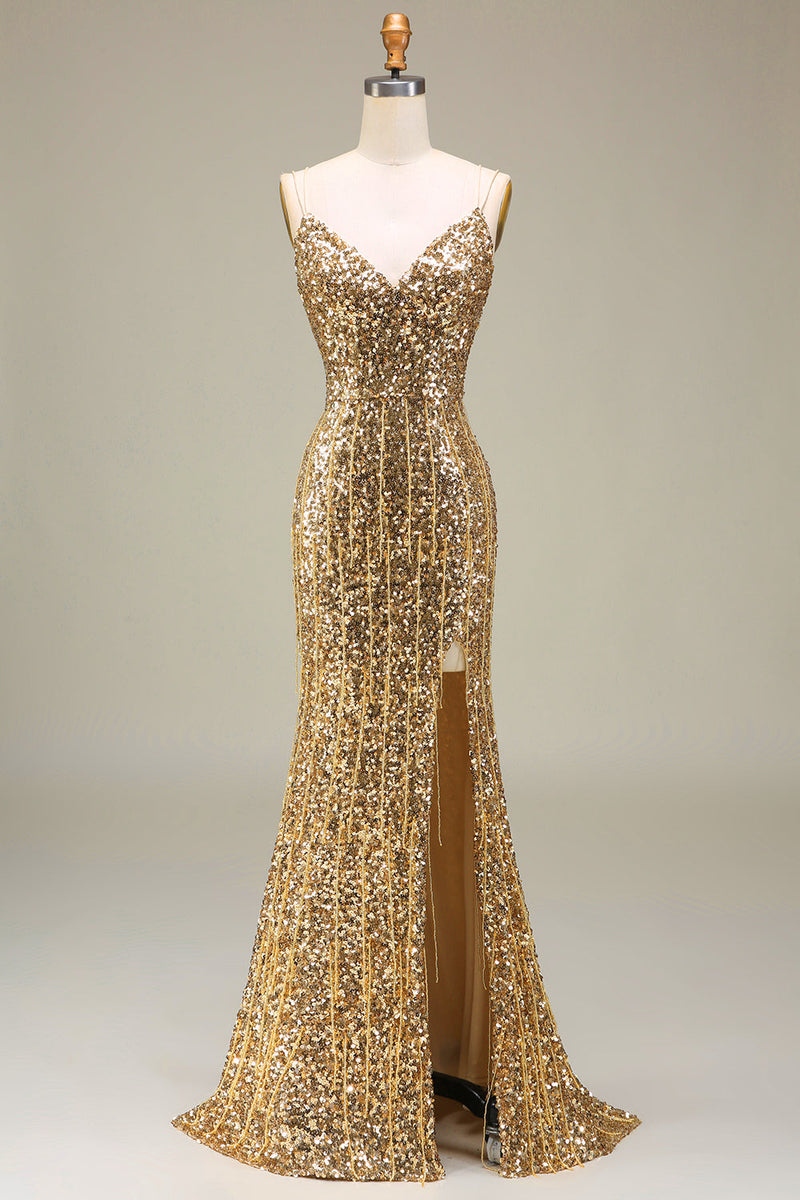 Laden Sie das Bild in den Galerie-Viewer, Glitzernde Goldenes Meerjungfrau Langes Ballkleid mit Schlitz