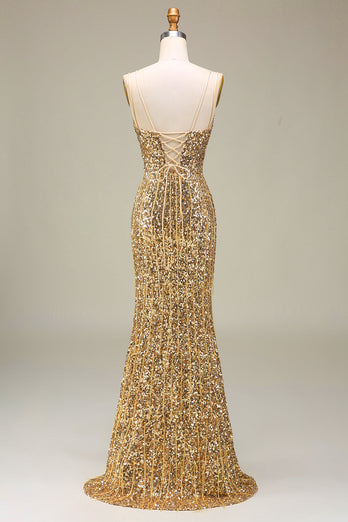Glitzernde Goldenes Meerjungfrau Langes Ballkleid mit Schlitz
