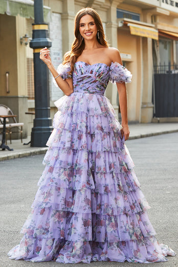 Lavendel Schulterfreies Bedruckes Langes Abschlussballkleid mit Rüschen