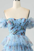 Laden Sie das Bild in den Galerie-Viewer, Lavendel Schulterfreies Bedruckes Langes Abschlussballkleid mit Rüschen