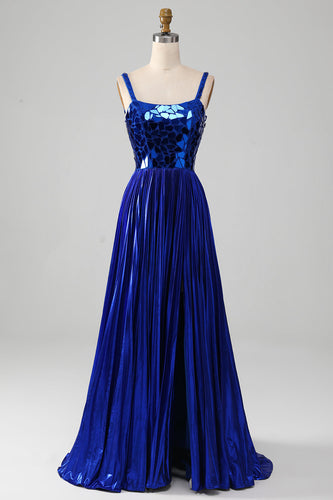 Glitzerndes Königsblaues Ballkleid mit Schnürrücken und Schlitz
