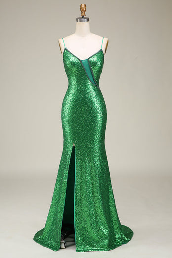 Grünen Glitzerndes Meerjungfrauen Spaghettiträger Ballkleid mit Schlitz vorne