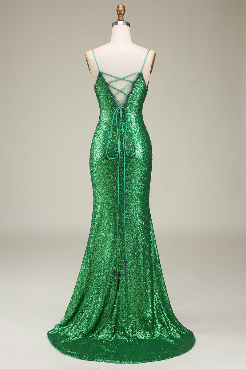 Laden Sie das Bild in den Galerie-Viewer, Grünen Glitzerndes Meerjungfrauen Spaghettiträger Ballkleid mit Schlitz vorne