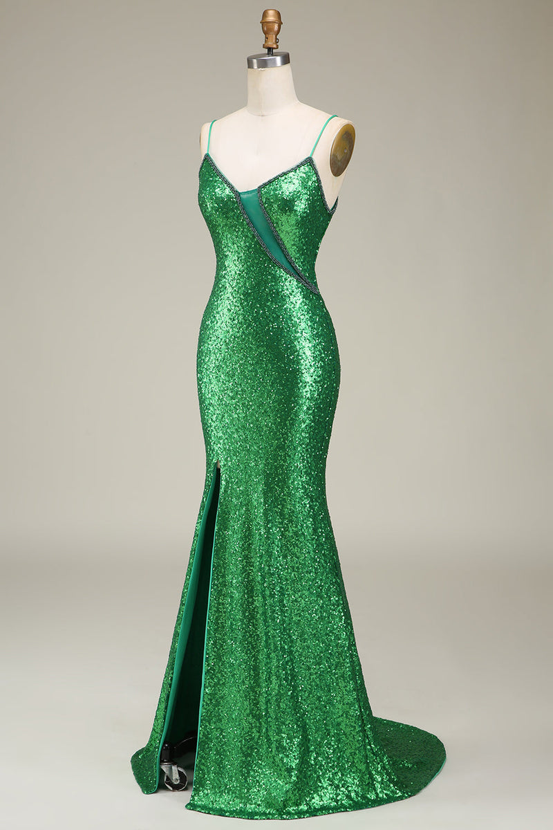 Laden Sie das Bild in den Galerie-Viewer, Grünen Glitzerndes Meerjungfrauen Spaghettiträger Ballkleid mit Schlitz vorne