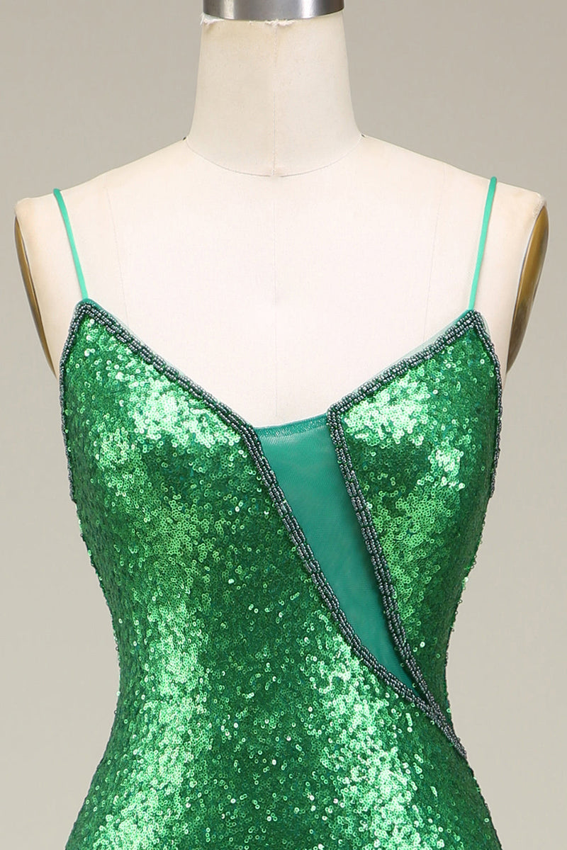 Laden Sie das Bild in den Galerie-Viewer, Grünen Glitzerndes Meerjungfrauen Spaghettiträger Ballkleid mit Schlitz vorne