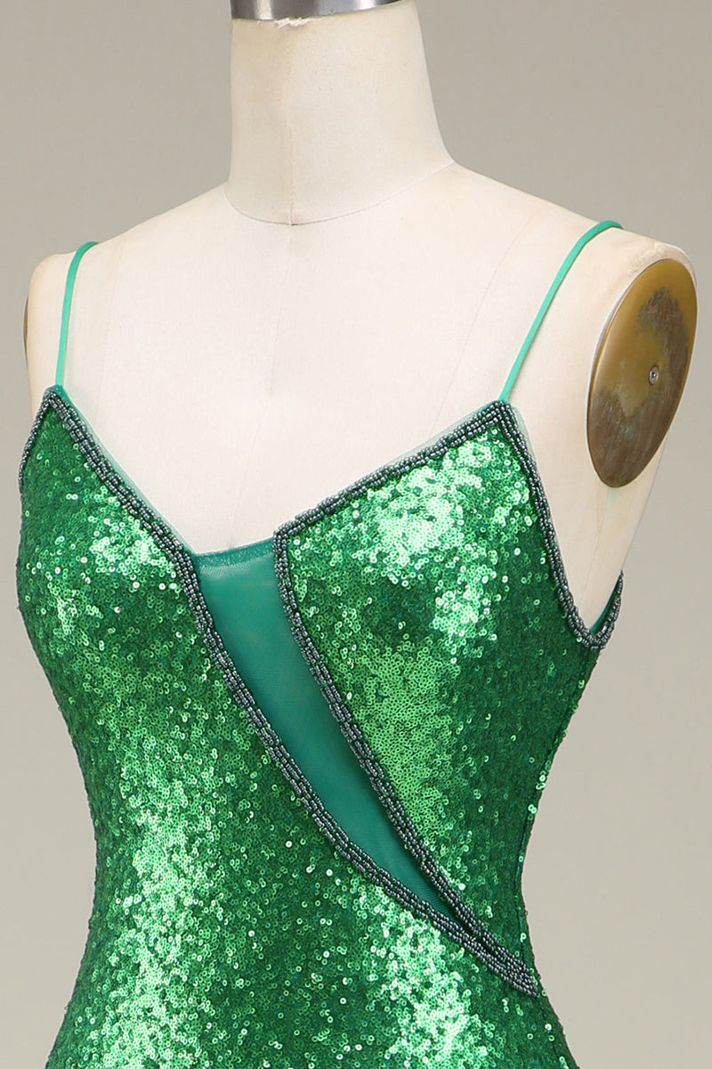 Laden Sie das Bild in den Galerie-Viewer, Grünen Glitzerndes Meerjungfrauen Spaghettiträger Ballkleid mit Schlitz vorne