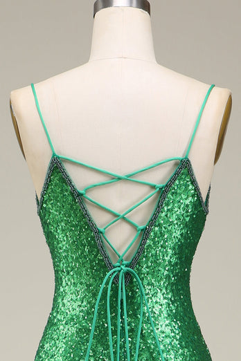 Grünen Glitzerndes Meerjungfrauen Spaghettiträger Ballkleid mit Schlitz vorne