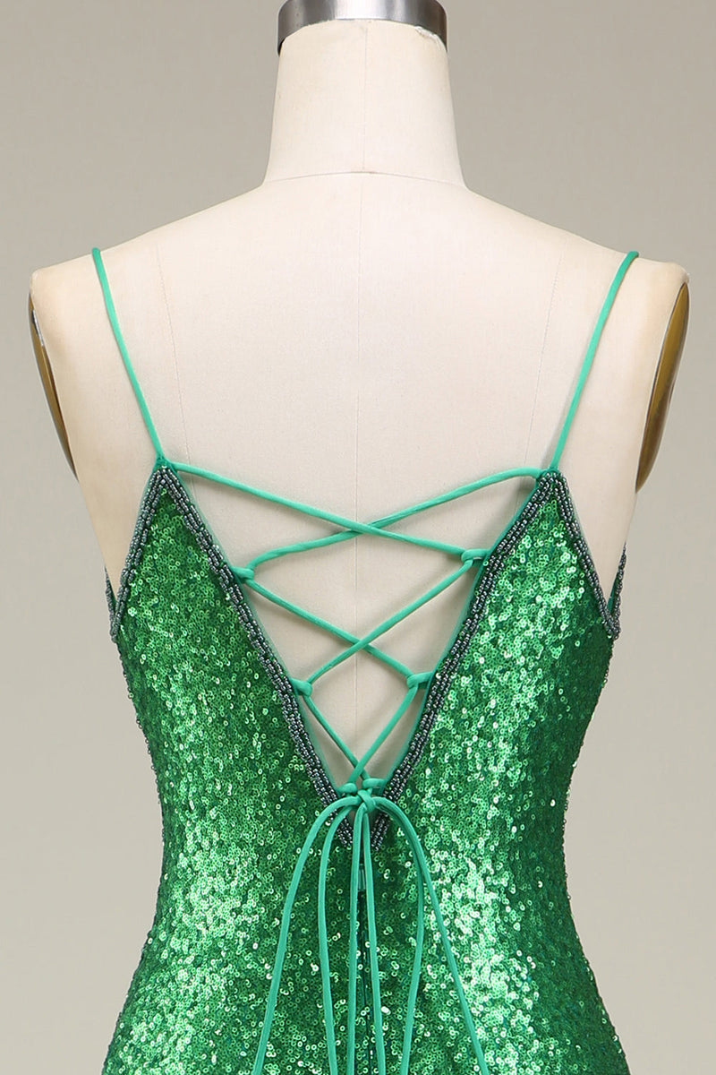 Laden Sie das Bild in den Galerie-Viewer, Grünen Glitzerndes Meerjungfrauen Spaghettiträger Ballkleid mit Schlitz vorne