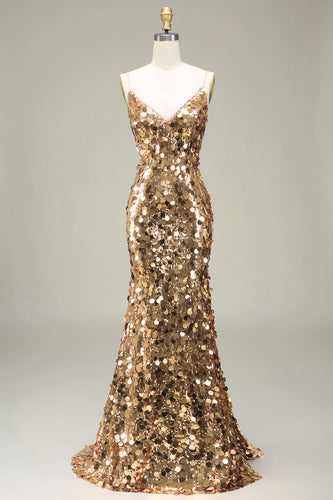 Glitzerndes Goldenes Meerjungfrauen Pailletten Ballkleid mit Schlitz