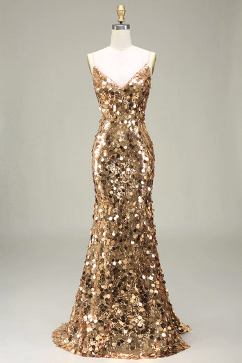 Glitzerndes Goldenes Meerjungfrauen Pailletten Ballkleid mit Schlitz