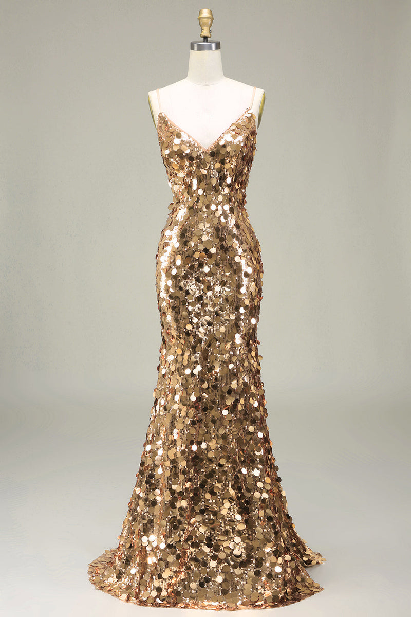 Laden Sie das Bild in den Galerie-Viewer, Glitzerndes Goldenes Meerjungfrauen Pailletten Ballkleid mit Schlitz