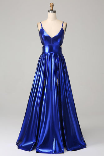 Königsblaues A-Linien Spaghettiträger Ballkleid mit Schlitz