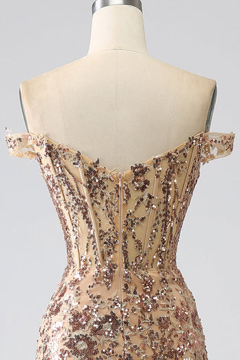 Glitzernde Meerjungfrau Schulterfreies Goldenes Korsett-Ballkleid mit Schlitz