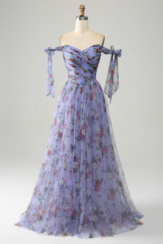 Lavendeles A-Linie Langes Ballkleid mit Drucken und Verstellbaren Trägern