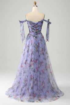 Lavendeles A-Linie Langes Ballkleid mit Drucken und Verstellbaren Trägern