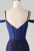 Laden Sie das Bild in den Galerie-Viewer, Glitzerndes marineblaues Meerjungfrauen-Kleid mit langem Korsett und Schlitz