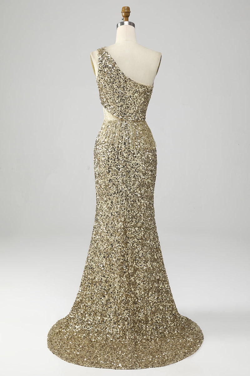 Laden Sie das Bild in den Galerie-Viewer, Goldenes Ein-Schulter Fransen Pailletten Ballkleid mit Schlitz