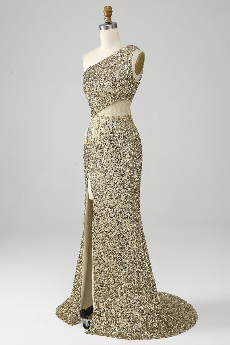Laden Sie das Bild in den Galerie-Viewer, Goldenes Ein-Schulter Fransen Pailletten Ballkleid mit Schlitz