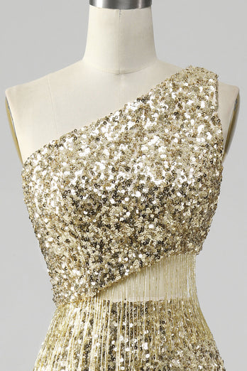 Goldenes Ein-Schulter Fransen Pailletten Ballkleid mit Schlitz