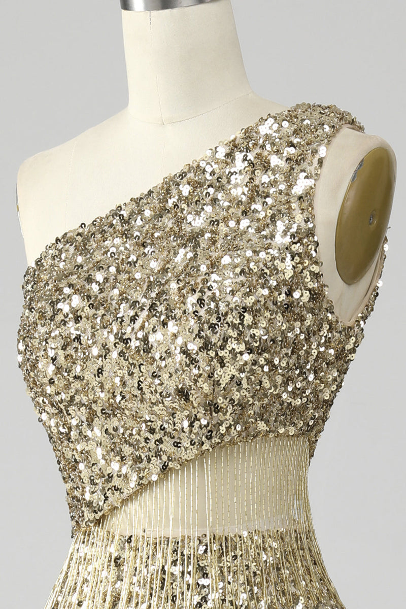 Laden Sie das Bild in den Galerie-Viewer, Goldenes Ein-Schulter Fransen Pailletten Ballkleid mit Schlitz