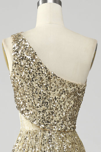 Goldenes Ein-Schulter Fransen Pailletten Ballkleid mit Schlitz