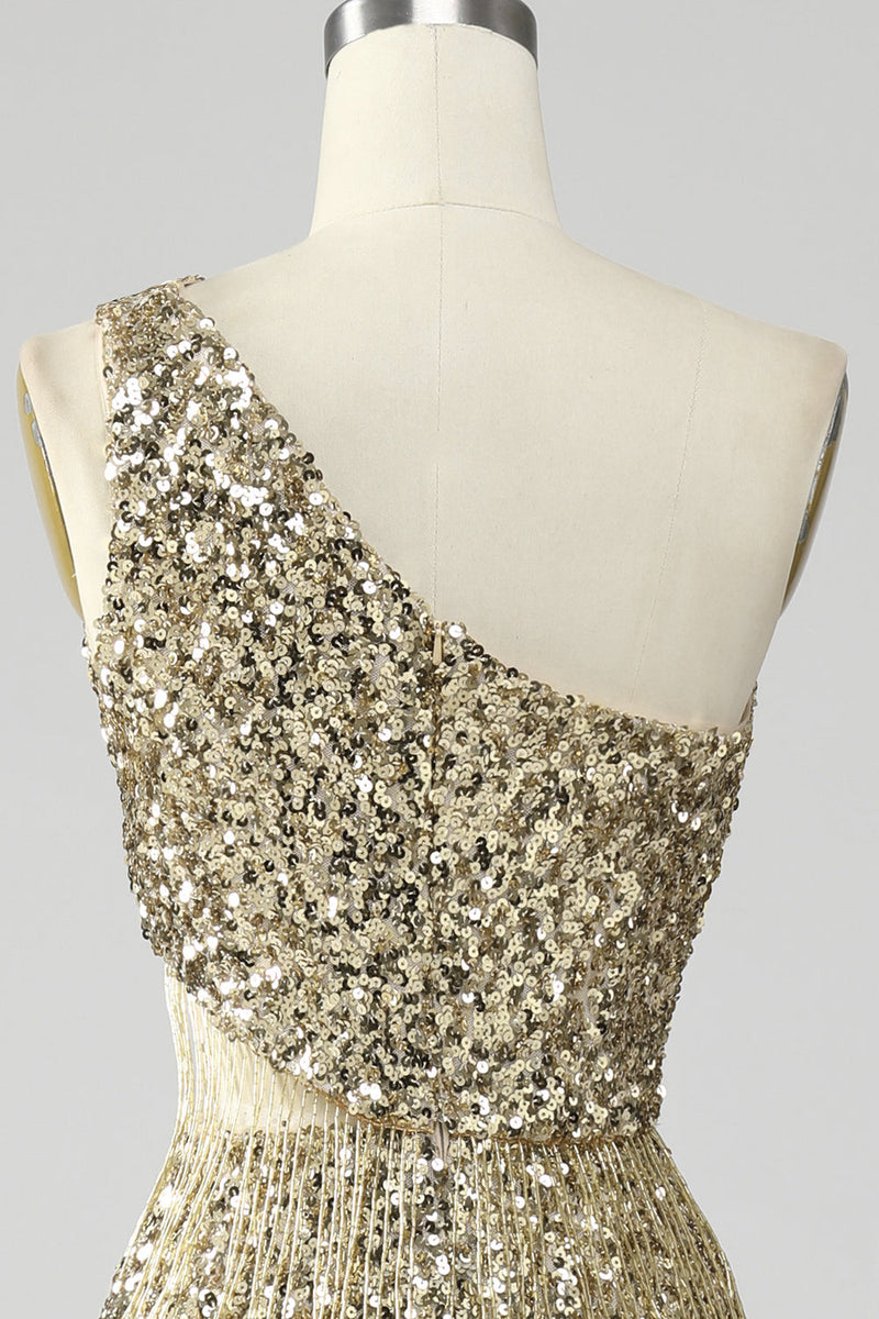 Laden Sie das Bild in den Galerie-Viewer, Goldenes Ein-Schulter Fransen Pailletten Ballkleid mit Schlitz