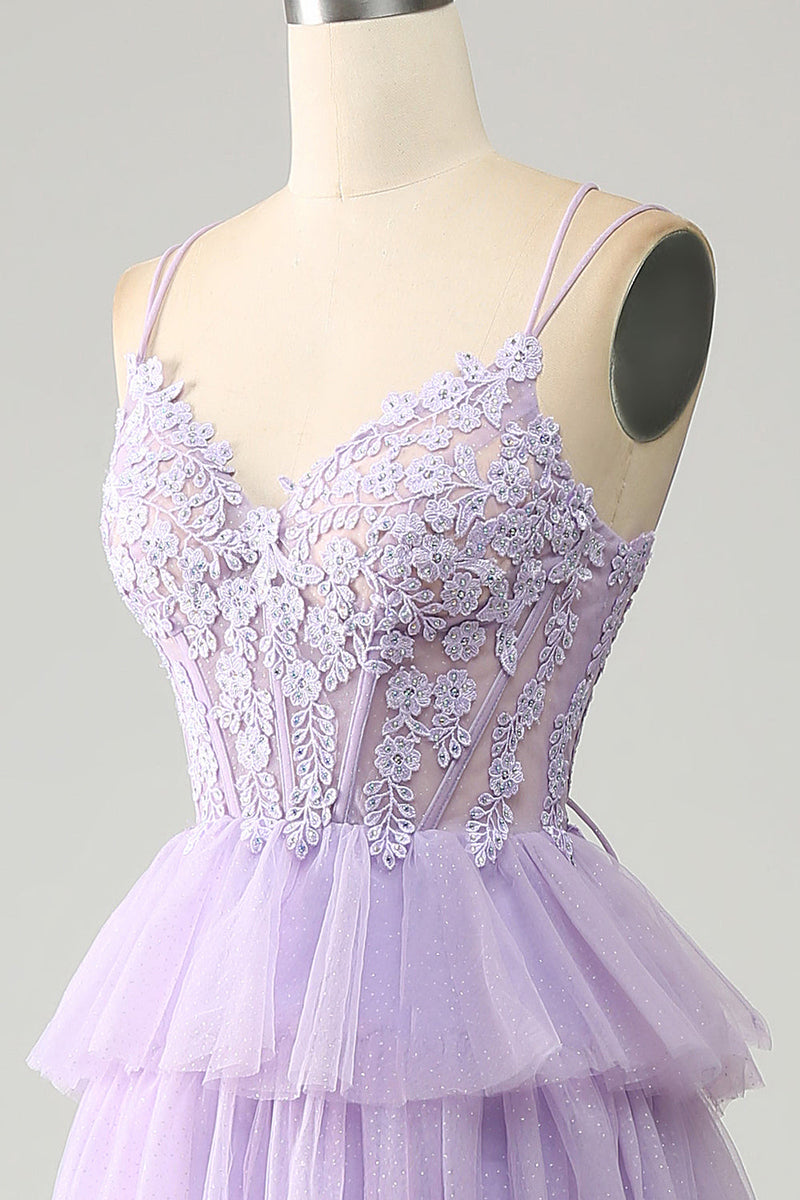 Laden Sie das Bild in den Galerie-Viewer, Fliederfarbenes Tüll-Stufen-Prinzessinnen-Korsett-Ballkleid mit Applikationen