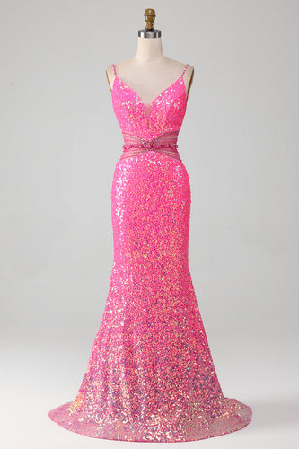 Rosaes Spaghettiträger Glitzer Meerjungfrauen Ballkleid mit Perlenbesetzter Taille