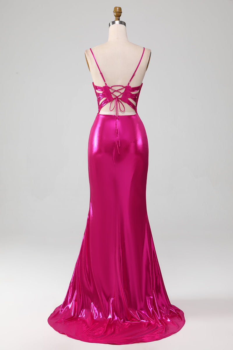 Laden Sie das Bild in den Galerie-Viewer, Glitzerndes, pinkfarbenes Meerjungfrauen-Kleid für den Abschlussball mit Schlitz