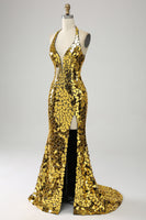 Laden Sie das Bild in den Galerie-Viewer, Goldenes Meerjungfrauen Neckholder Ballkleid mit Tiefem V-Ausschnitt