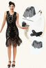 Laden Sie das Bild in den Galerie-Viewer, Schwarze Pailletten Fransen 1920er Jahre Flapper Kleid mit 20er Jahre Accessoires Set