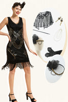 Laden Sie das Bild in den Galerie-Viewer, Schwarze Paillettenfransen 1920er Jahre Gatsby Flapper Kleid mit 20er Jahre Accessoires Set