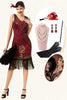 Laden Sie das Bild in den Galerie-Viewer, Burgunderrot Pailletten Fransen 1920er Jahre Gatsby Flapper Kleid mit 20er Jahre Accessoires Set