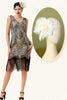 Laden Sie das Bild in den Galerie-Viewer, Apricot und goldene Paillettenfransen 1920er Jahre Gatsby Flapper Kleid mit 20er Jahre Accessoires Set