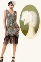 Laden Sie das Bild in den Galerie-Viewer, Apricot und goldene Paillettenfransen 1920er Jahre Gatsby Flapper Kleid mit 20er Jahre Accessoires Set