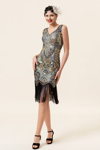 Apricot und goldene Paillettenfransen 1920er Jahre Gatsby Flapper Kleid mit 20er Jahre Accessoires Set
