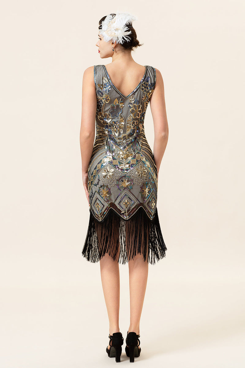 Laden Sie das Bild in den Galerie-Viewer, Apricot und goldene Paillettenfransen 1920er Jahre Gatsby Flapper Kleid mit 20er Jahre Accessoires Set