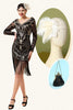 Laden Sie das Bild in den Galerie-Viewer, Schwarzes langärmeliges Paillettenfransen 1920er Jahre Gatsby Flapper Kleid mit 20er Jahren Accessoires Set