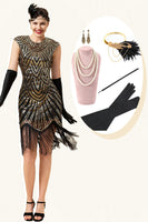 Laden Sie das Bild in den Galerie-Viewer, Schwarze und goldene Kappenärmel Paillettenfransen 1920er Jahre Gatsby Flapper Party Kleid mit 20er Jahre Accessoires Set
