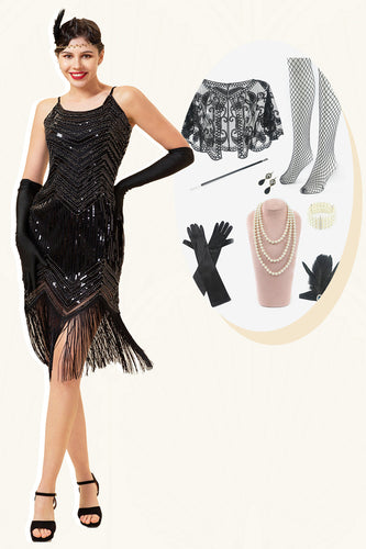 Spaghettiträger Pailletten Fransen Flapper Kleid mit 1920er Accessoires Set