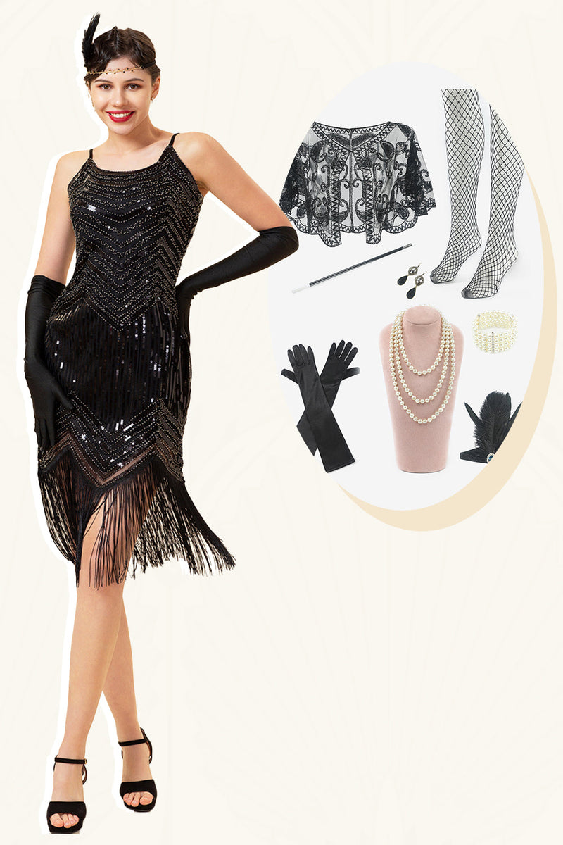 Laden Sie das Bild in den Galerie-Viewer, Spaghettiträger Pailletten Fransen Flapper Kleid mit 1920er Accessoires Set