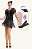 Laden Sie das Bild in den Galerie-Viewer, Schwarze Perlenfransen Flapper Kleid mit 1920er Jahren Accessoires Set