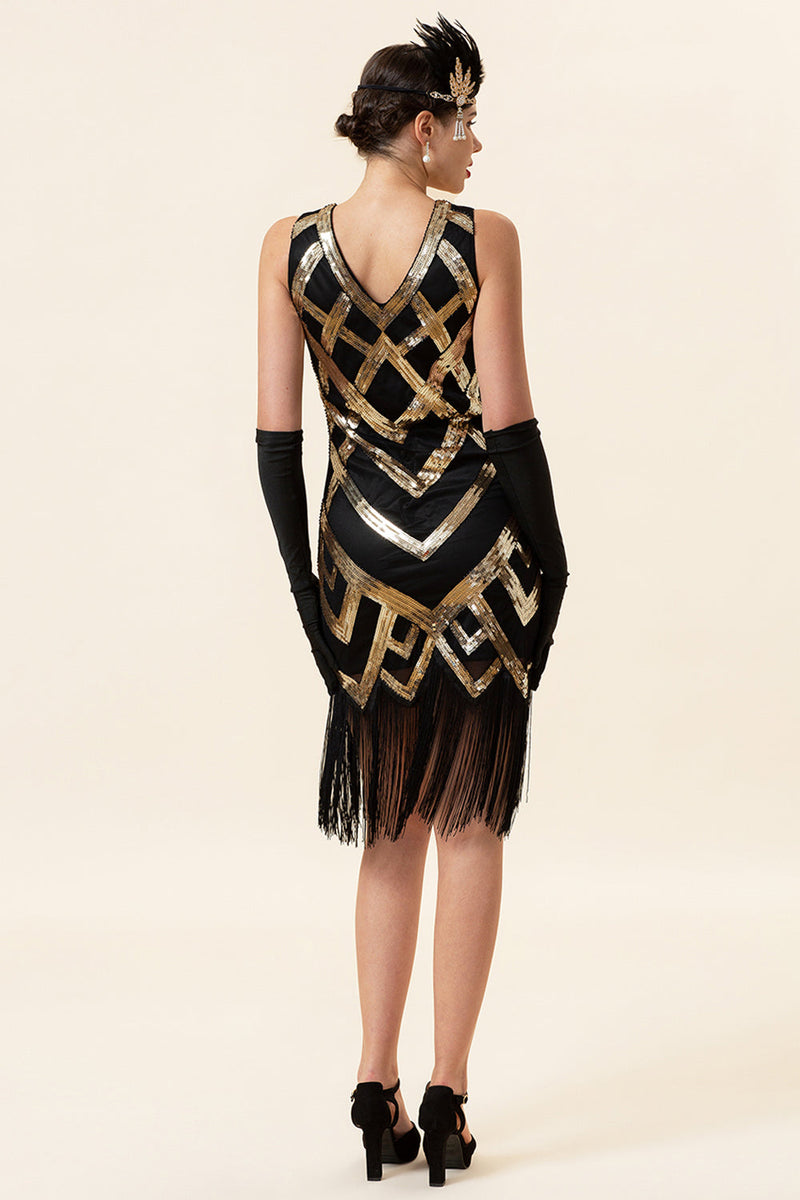 Laden Sie das Bild in den Galerie-Viewer, Goldenes ärmelloses Fransen-Flapper-Kleid mit 1920er Accessoires Set